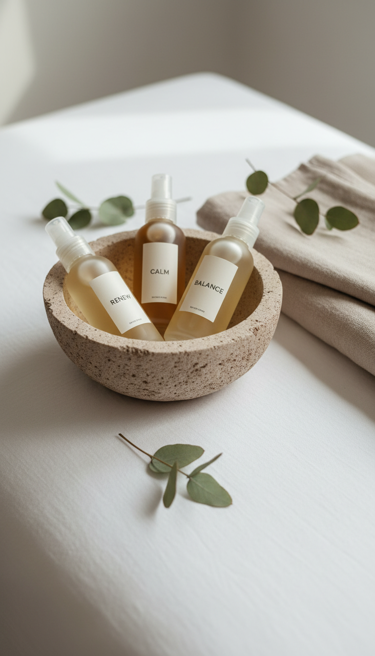 A close-up, detail-oriented shot of a textured sandstone bowl filled with organic botanical massage oils in clear, frosted glass bottles, their minimalist labels facing outward. The bowl rests atop a meticulously organized white linen treatment bed, with a soft, neutral cotton throw and touches of pale green eucalyptus leaves arranged nearby for a hint of natural color. Diffused, indirect daylight softly bathes the scene, highlighting the purity of materials and casting the faintest shadows. The composition is rule-of-thirds-based, intimate and balanced, reinforcing a sense of calm professionalism through photographic realism and structured layout.