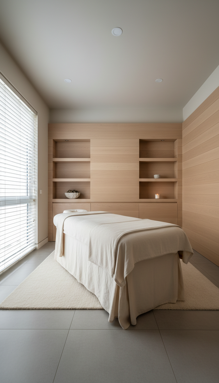 An immaculate, minimalist home-based treatment room featuring a contemporary massage table draped in crisp, ivory linens. The table sits in the center of a serene, neutral-toned space accented by natural wood paneling and discreet, built-in shelving. Subtle decorative details include a ceramic bowl of smooth river stones and a small, scentless candle in frosted glass. Soft overhead lighting combines with filtered natural light streaming through a partially open blind, illuminating the room without creating harsh shadows. A wide lens, eye-level composition places the table squarely as the focal point, producing a calm, structured, and professional atmosphere. The style is photographic with a balanced, corporate aesthetic.