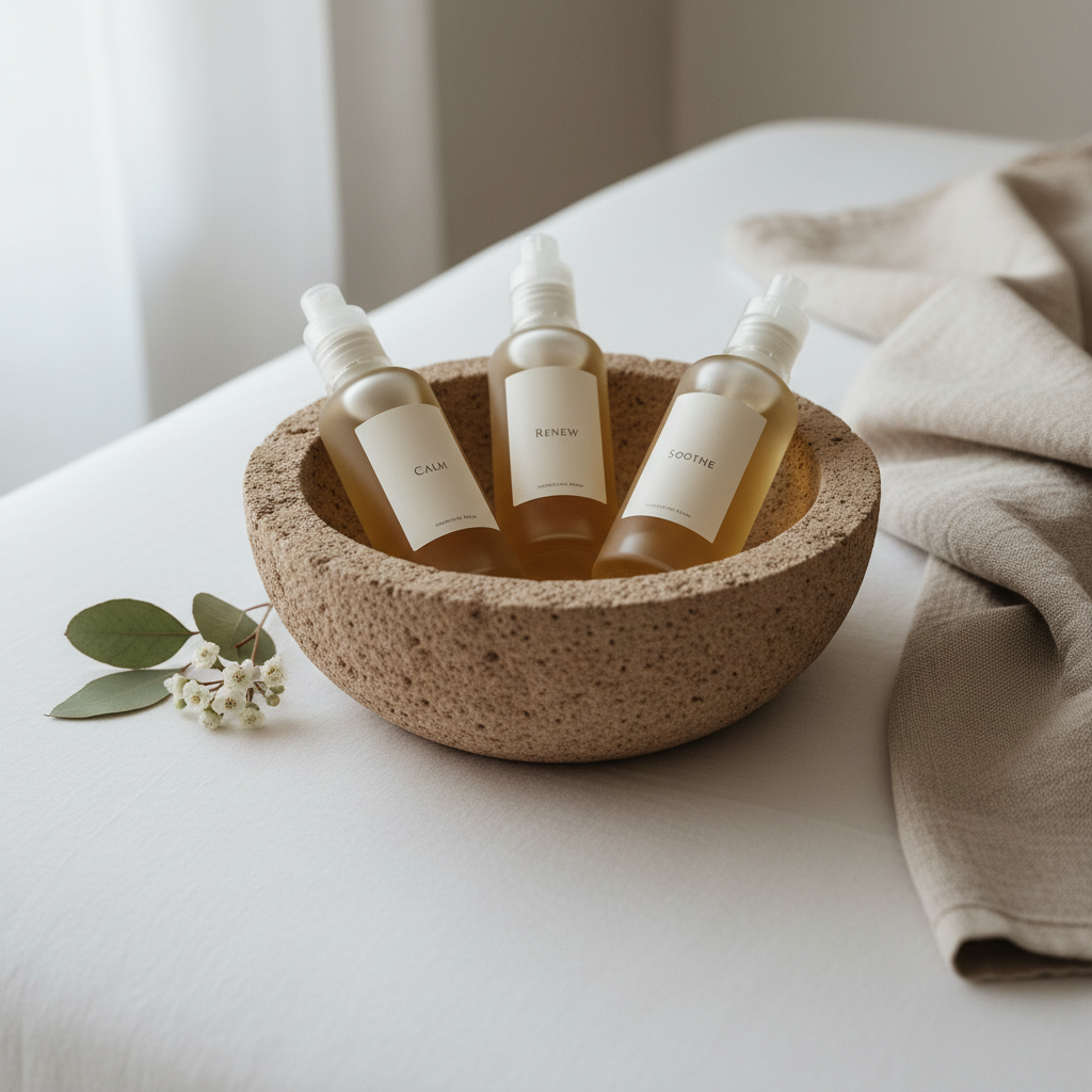 A close-up, detail-oriented shot of a textured sandstone bowl filled with organic botanical massage oils in clear, frosted glass bottles, their minimalist labels facing outward. The bowl rests atop a meticulously organized white linen treatment bed, with a soft, neutral cotton throw and touches of pale green eucalyptus leaves arranged nearby for a hint of natural color. Diffused, indirect daylight softly bathes the scene, highlighting the purity of materials and casting the faintest shadows. The composition is rule-of-thirds-based, intimate and balanced, reinforcing a sense of calm professionalism through photographic realism and structured layout.