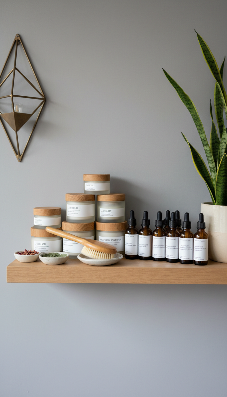 A meticulously organized display of holistic skincare products arranged on a pale oak shelf, including frosted glass jars of nourishing creams, amber bottles of essential oils, and a natural bristle facial brush with a blonde wooden handle. The shelving is set against a muted grey wall, with geometric decorative elements and a potted snake plant providing clean lines and symmetry. Side-lit by soft, diffused daylight from an unseen window, the products’ textures and subtle colors are brought to life, creating gentle highlights. The composition utilizes asymmetrical balance, shot from a slightly elevated angle, resulting in a clean, structured, and inviting visual ideal for a holistic therapy business website. The photographic realism emphasizes purity and order.