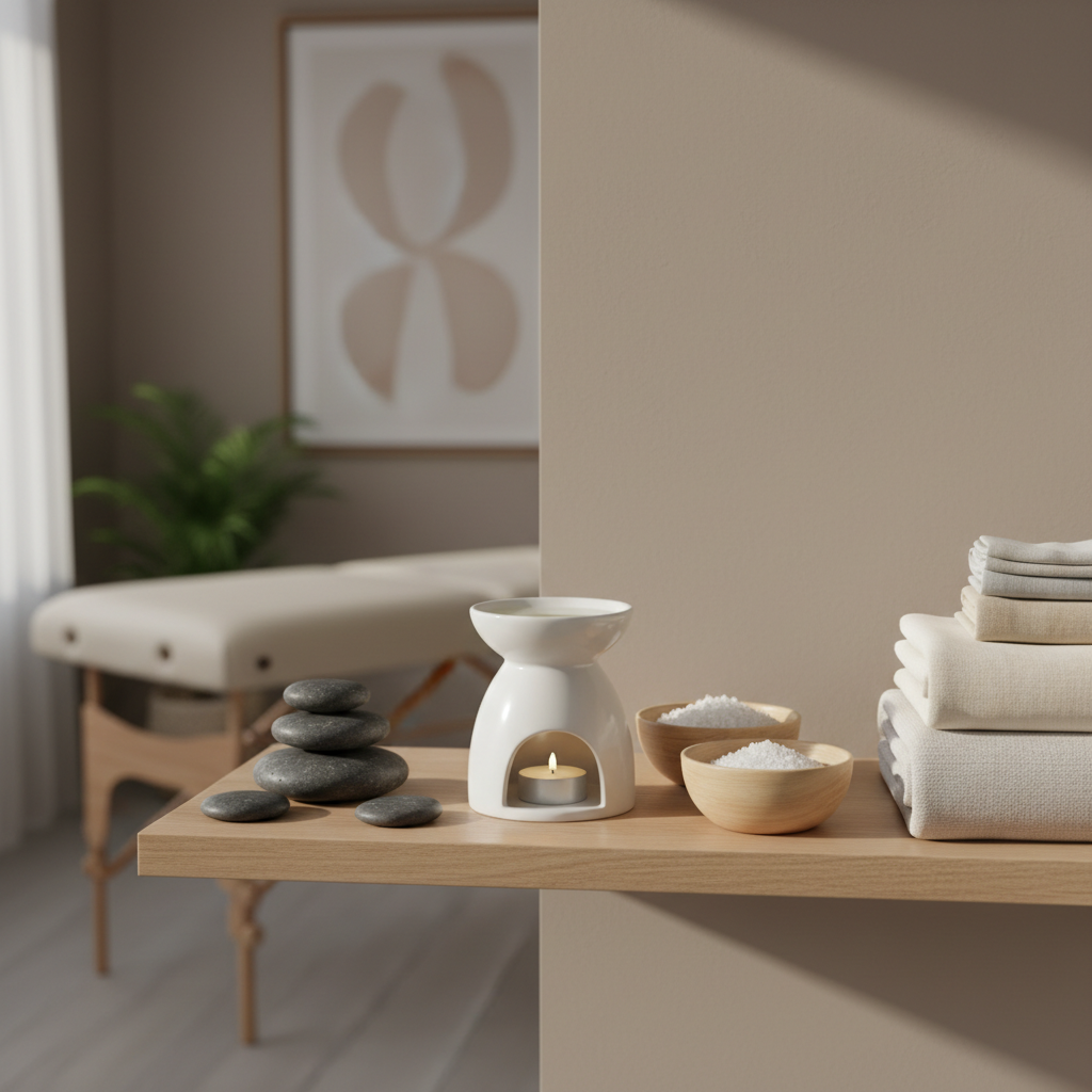 A perfectly arranged collection of holistic therapy tools including smooth basalt massage stones, a pristine white ceramic oil burner with subtle gloss, pale wood bowls of sea salt, and neatly folded linen towels in soft neutral shades. These objects are positioned on a light oak floating shelf against a clean taupe wall, with a minimalist treatment room visible in soft focus behind. Gentle morning sunlight filters in from an unseen window, producing subtle highlights and casting gentle shadows that emphasize texture and calm. The mood is serene and inviting, suitable for a premium holistic therapy business. The camera is at eye-level, using a centered, clean composition with sharp focus on the objects and a shallow depth of field for the background. The style is photographic realism with a clean, corporate look.