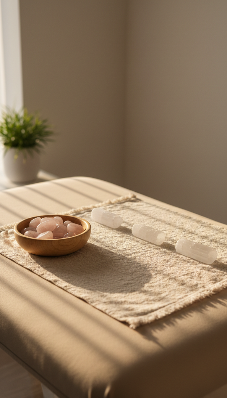 A minimalist arrangement designed to evoke Reiki therapy: three smooth, pale Selenite crystals placed in precise alignment on a natural cotton cloth atop a soft beige treatment table. To the left, a small sanded wood bowl contains polished rose quartz stones. The surface is uncluttered, placed within a tranquil room defined by neutral walls and a single low plant in a white planter. Soft, natural evening light enters from the side, casting elongated gentle shadows and subtle glows on the crystals. Framed using the rule of thirds, the shallow depth of field keeps the focus on the crystals, enhancing a serene, balanced mood in photographic style with a corporate, clean aesthetic.
