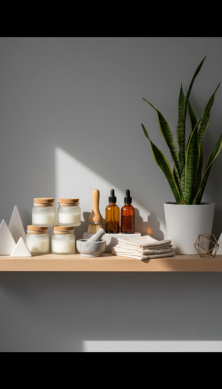 A meticulously organized display of holistic skincare products arranged on a pale oak shelf, including frosted glass jars of nourishing creams, amber bottles of essential oils, and a natural bristle facial brush with a blonde wooden handle. The shelving is set against a muted grey wall, with geometric decorative elements and a potted snake plant providing clean lines and symmetry. Side-lit by soft, diffused daylight from an unseen window, the products’ textures and subtle colors are brought to life, creating gentle highlights. The composition utilizes asymmetrical balance, shot from a slightly elevated angle, resulting in a clean, structured, and inviting visual ideal for a holistic therapy business website. The photographic realism emphasizes purity and order.