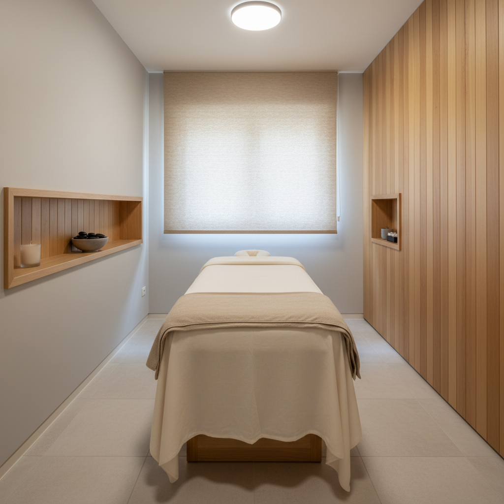 An immaculate, minimalist home-based treatment room featuring a contemporary massage table draped in crisp, ivory linens. The table sits in the center of a serene, neutral-toned space accented by natural wood paneling and discreet, built-in shelving. Subtle decorative details include a ceramic bowl of smooth river stones and a small, scentless candle in frosted glass. Soft overhead lighting combines with filtered natural light streaming through a partially open blind, illuminating the room without creating harsh shadows. A wide lens, eye-level composition places the table squarely as the focal point, producing a calm, structured, and professional atmosphere. The style is photographic with a balanced, corporate aesthetic.